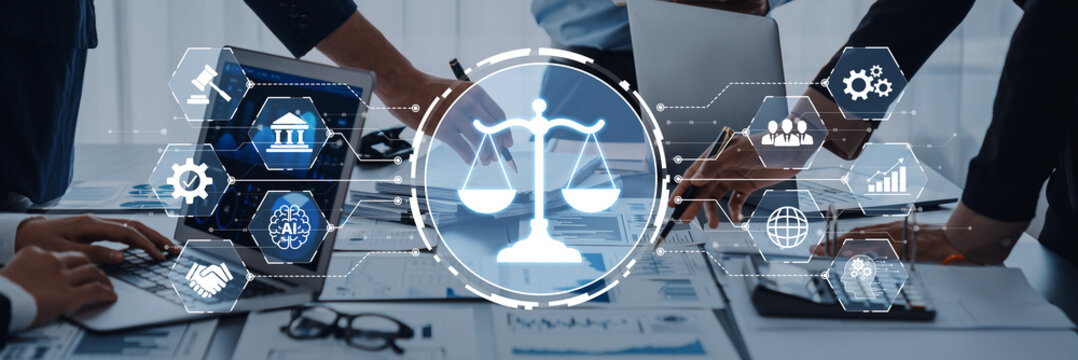 A modern business meeting showcasing legal discussions among professionals. Digital technology plays a key role in strategizing and decision-making for success. Trope
