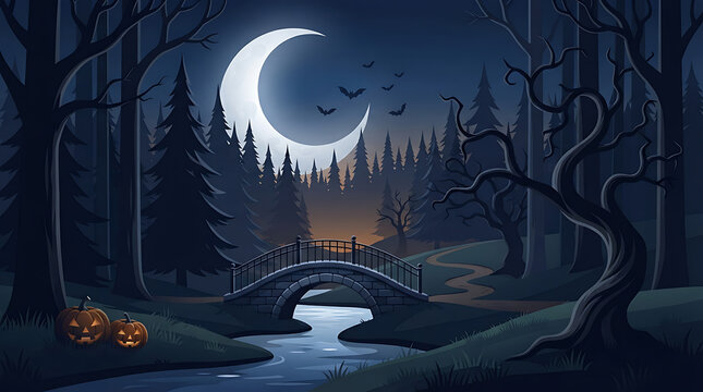 A dark forest scene with a stone bridge and crescent moon depicts a spooky halloween night