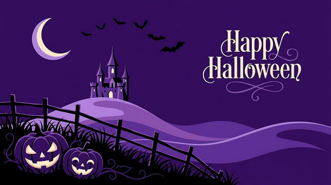 A purple halloween illustration depicts a castle crescent moon bats pumpkins and decorative text vector