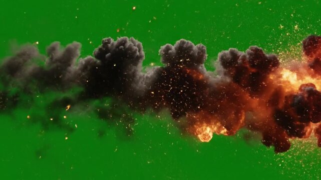 Fire explosion horizontal burst with sparks on green screen