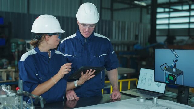 Mechanical industry professionals watching a corporate presentation indoors. Analyzing project metrics and technical blueprint designs
