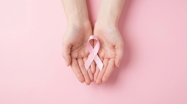 Close up view of female hands holding a pink ribbon for breast cancer awareness month to show support and hope for patients