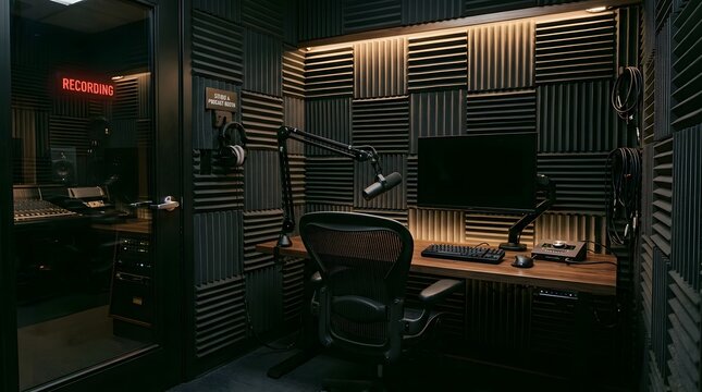 Professional podcast studio with acoustic foam walls. Modern recording booth with microphone and monitor. Dark home office for streaming.