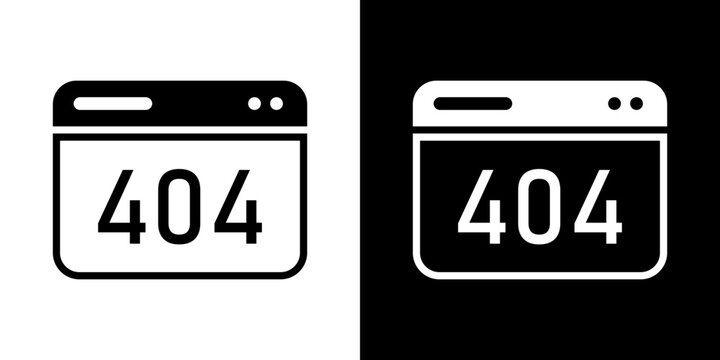 Modern web browser window icon displaying a 404 error code, representing page not found, broken website link, system error, or server connection issue. Clean black and white vector design.