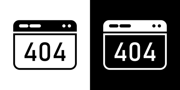 Modern web browser window icon displaying a 404 error code, representing page not found, broken website link, system error, or server connection issue. Clean black and white vector design.