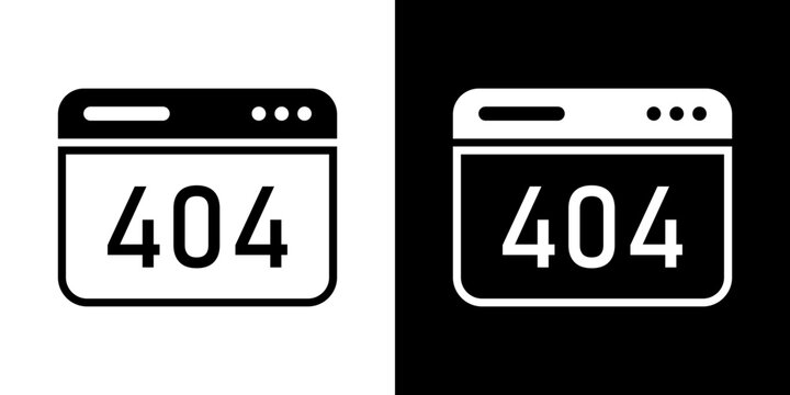 Modern web browser window icon displaying a 404 error code, representing page not found, broken website link, system error, or server connection issue. Clean black and white vector design.