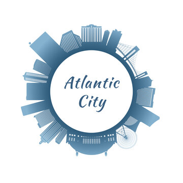 Atlantic City skyline with colorful buildings. Circular style. Stock vector illustration.