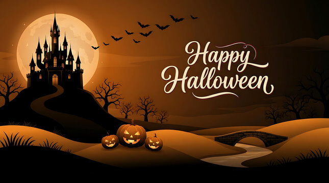 A gothic castle silhouette with jack o lanterns and a full moon creates a halloween scene