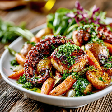 Grilled Octopus with Roasted Vegetables and Green Herb Sauce &ndash; AI Generative