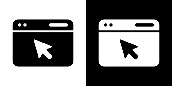 Web browser window icon with a mouse cursor arrow, symbolizing web navigation, online clicking, user experience, and internet browsing. Black and white vector.