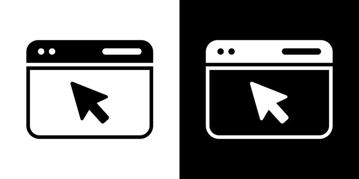 Web browser window icon with a mouse cursor arrow, symbolizing web navigation, online clicking, user experience, and internet browsing. Black and white vector.