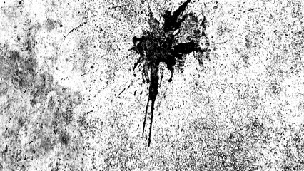 Black and white abstract grunge background with a prominent dark splat design element, conveying a messy and distressed visual texture © Nusrat