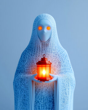 Ghost lantern Halloween glowing blue specter holding red lantern with eerie orange eye
