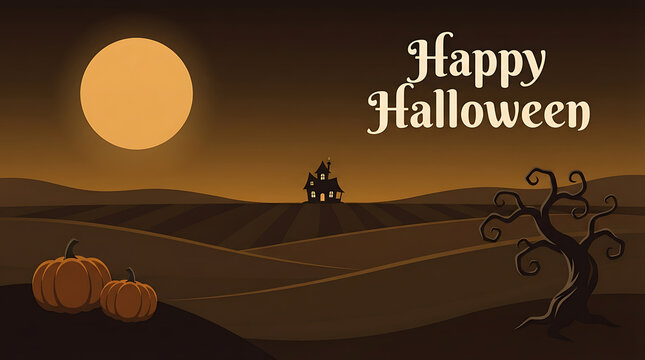 A halloween landscape illustration features a full moon haunted house pumpkins and a gnarled tree