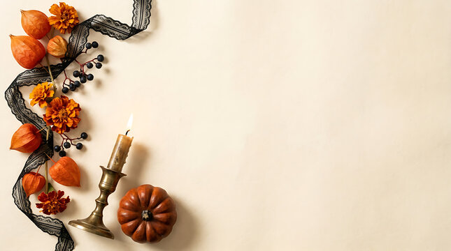 Autumnal arrangement with pumpkins flowers and a lit candle rests against a beige background autumn