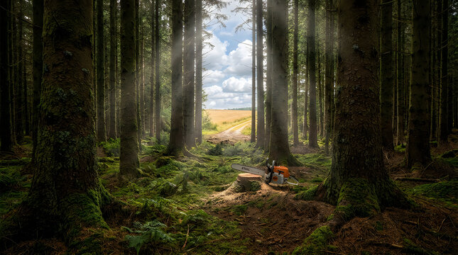 Sunlit pine forest with chainsaw on tree stump, ethereal sunbeams in misty woodland, professional logging equipment in green forest
