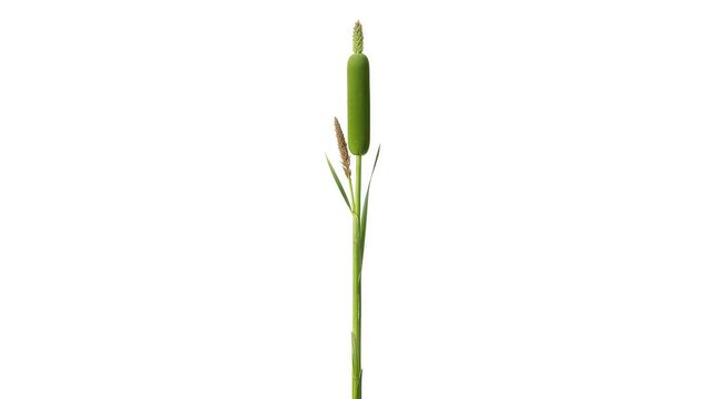 Fresh green cattail plant stem isolated on white background for nature design projects