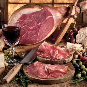 Premium Dry-Cured Ham on Traditional Jam&oacute;n Stand with Charcuterie &ndash; AI Generative
