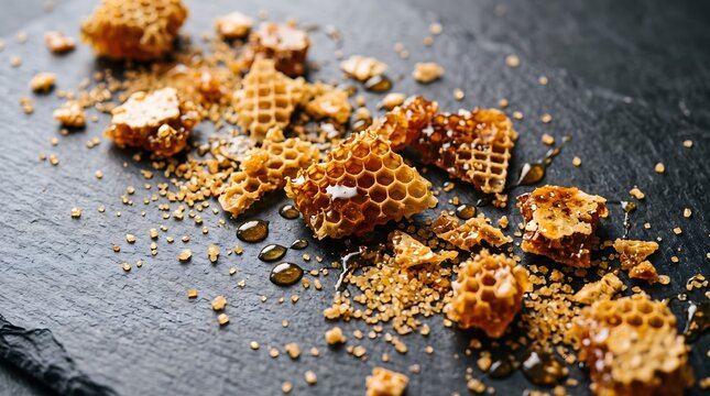 A scattering of brown and golden spices including pepper and garlic powder spreads across a dark stone surface for cooking and seasoning inspiration