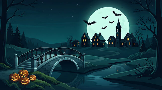 A spooky halloween landscape depicts a stone bridge and village silhouetted against a full moon
