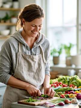 Woman Preparing Fresh Garden Salad at Home &ndash; Generative AI &ndash; no real persons