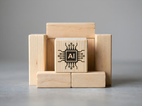 Wooden cube with AI icon representing artificial intelligence and machine learning technology.