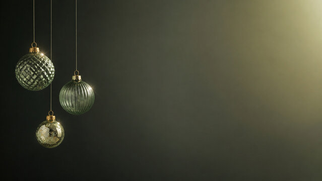 Three glass baubles suspended at different heights on invisible