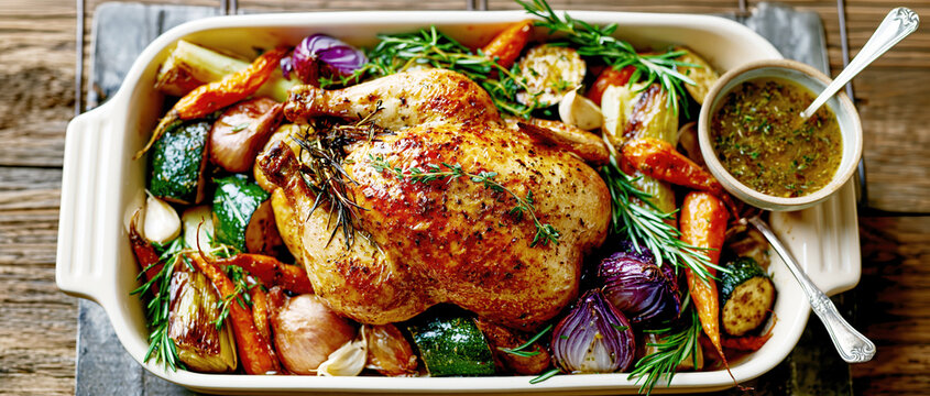 Whole Roast Chicken with Caramelized Vegetables &ndash; AI Generative