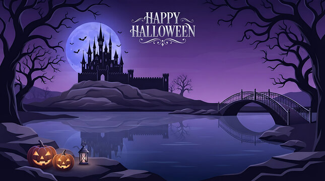 A detailed vector illustration depicts a halloween landscape with a castle moon and surrounding trees