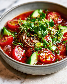 Cold Tomato and Kimchi Soba Noodle Soup with Fresh Vegetables &ndash; AI Generative
