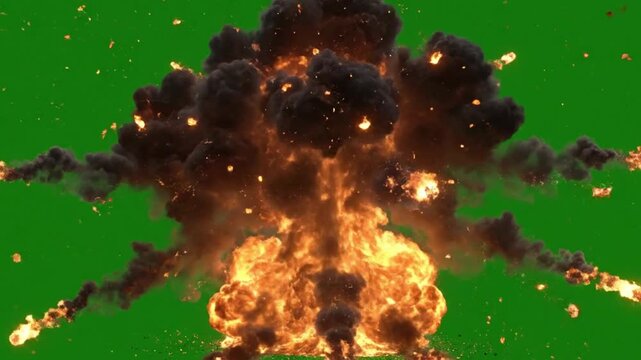 Fire explosion with orange sparks bursting on green screen