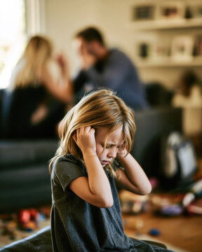 Child Covering Ears During Family Conflict &ndash; AI Generative &ndash; No Real Person