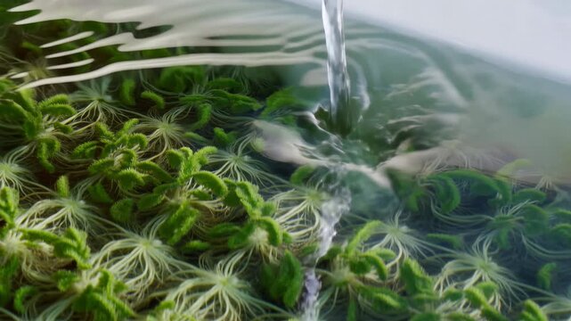 Clear water pouring into round white container packed with dense green aquatic plants, creating ripples, glossy highlights, and fresh eco mood in calm garden close up scene
