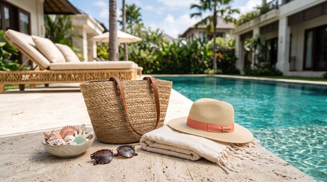 Summer vacation accessories including a straw bag sun hat and sunglasses by a luxury tropical resort swimming pool