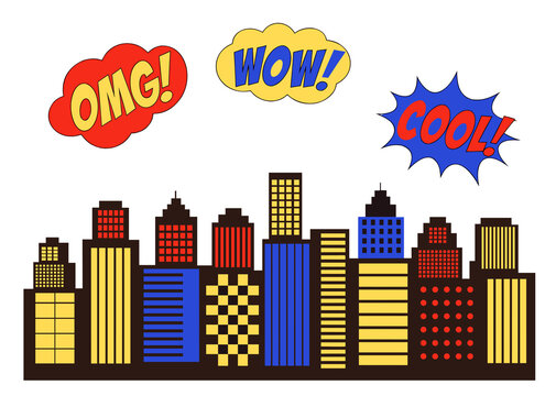 City skyline buildings set of colorful vector icons