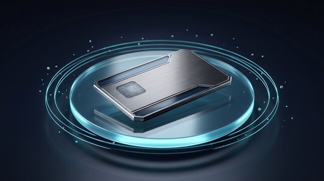 Modern electronic microprocessor chip floating above a glowing blue digital data platform on a dark background
