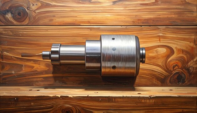 Precision Machined Metal Cylinder on Wooden Surface.