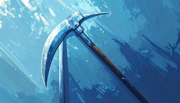 Ancient Ice Axe on Frozen Mountain Background.