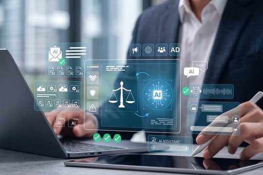 AI governance system with digital law, ethical control and data compliance, management, regulation, accountability, and secure decision making for fair businessman touching virtual screen