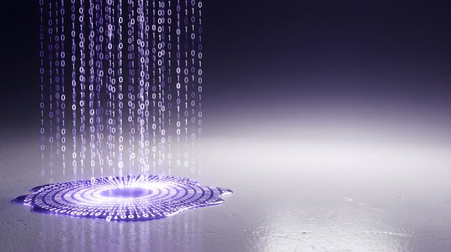 Binary code raining down and pooling into a glowing puddle