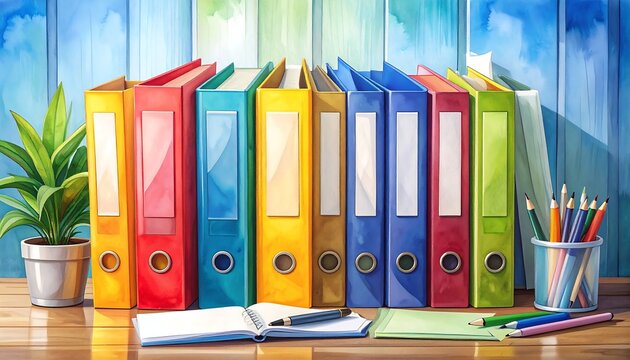 Organized office filing system illustration with colorful folders, documents and binder clips, professional workspace concept for records and administration.
