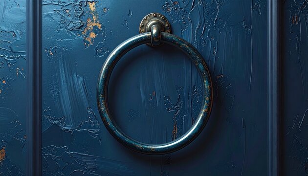 Close up of vintage iron door ring on blue door.