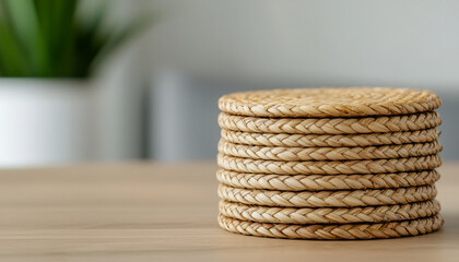 Obraz premium Braided basket, water hyacinth, woven, natural fiber on wooden table