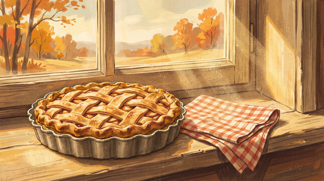 Freshly baked homemade pie on a rustic wooden windowsill with an autumn landscape outside, warm sunlight and sunbeams, cozy fall digital illustration.