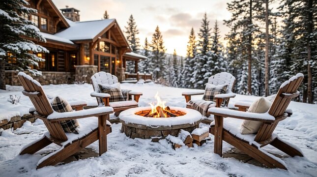 Cozy Winter Cabin with Fire Pit, Adirondack Chairs, and Snowy Landscape