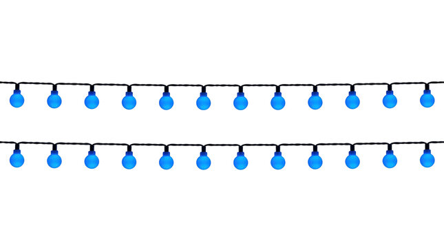 Two rows of blue string lights on a white background.