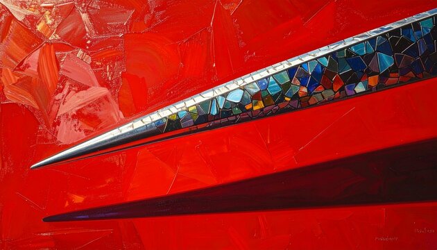 Close up of red bus with colorful reflective stripe.