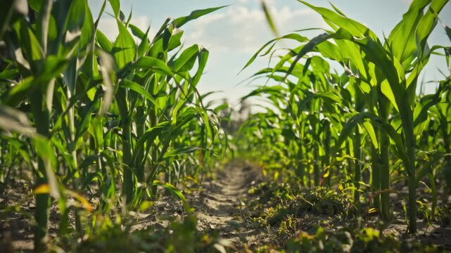 Green corn leaves sway in a light breeze along even rows of corn crops in an open industrial field. Bright sun illuminates the fields. The theme is agribusiness and crop production
