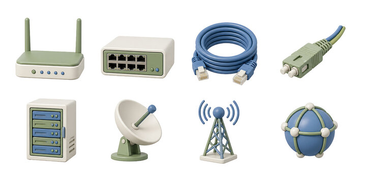 Networking icons, router, ethernet cable, satellite dish, antenna, globe, and server 3D technology set.