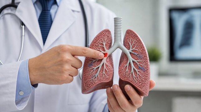 Doctor in White Lab Coat Pointing to Red Area on Human Lung Anatomical Model, Explaining Respiratory Disease or Cancer Diagnosis